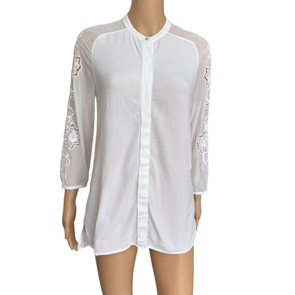 MASSIMO DUTTI Top Blouse Ivory White Lace Long Sleeve Embroidery Bohemian size S